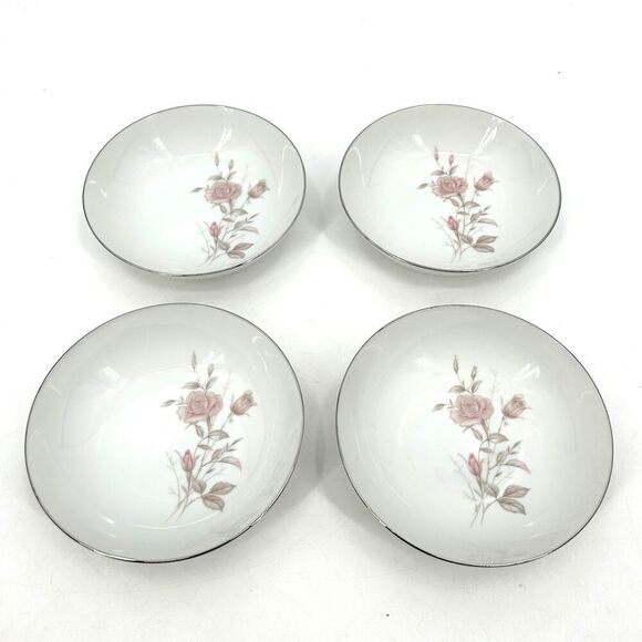 FINE CHINA JAPAN Set of 4 Vintage Laura Cereal Bowl White Floral Platinum Trim - Picture 1 of 6